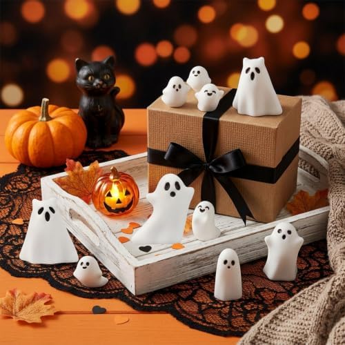 CCINEE 24 Pcs Halloween Mini Resin Ghost Figurines in 8 Styles, Matte Finish Spooky Whimsical Tabletop Decor for Halloween Party, Tiered Tray, Bowl Filler, and Seasonal Home Decoration