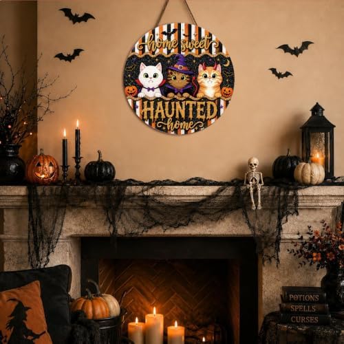 Halloween Cat Door Sign, Wooden Home Sweet Haunted Home Pumpkin Wreath