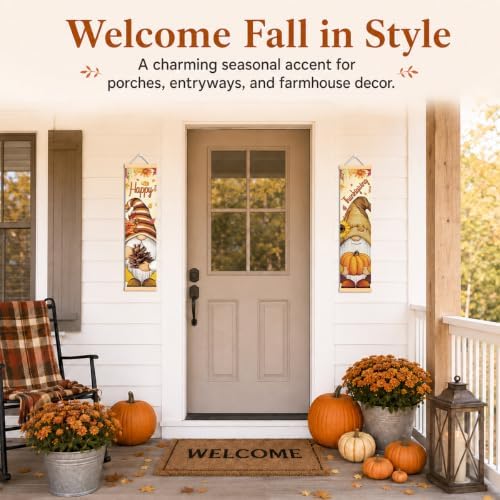 Happy Thanksgiving Gnome Door Banner Set of 2, Pumpkin Porch Decor for Home