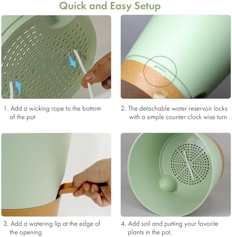 WSMKSZ 7/6.5/6/5.5/5/4 inch Self Watering Pots for Indoor Outdoor Plants, 6 Pack Plastic Flower Planters with Drainage Holes and Removable Saucers, Plant Pots with Wicking Rope, Green Brown