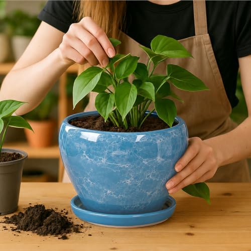 Deep Dream 8 Inch Plant Pots- Ceramic Pots for Plants with Drainage Hole and Saucer, Large Planter Pot for Indoor Plants Outdoor Decor, Gemstone Blue