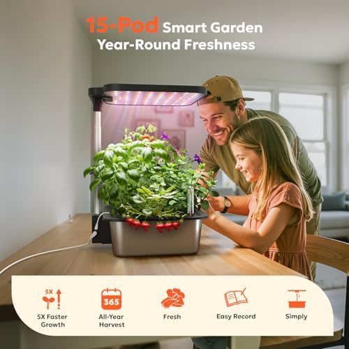 owltron Smart Hydroponics Growing System Kit,15 Pods Indoor Herb Garden with 36W LED Grow Light & APP Control, Planting Height Up to 30", Quiet Water Pump, Ideal Gift for All Ages Dark Silver