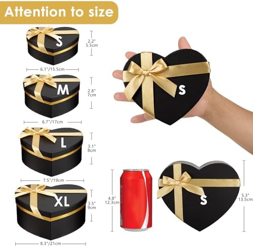 Oairse Black Gift Boxes with Lids for Present Heart Shaped Flower Box for Arrangements Set of 4 Floral Gift Boxes with Ribbons for Bridesmaid, Proposal, Wedding, Birthday, Baby Showers