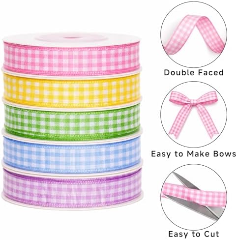 KINGLAKE 5 Rolls Pastel Gingham Ribbon - 3/8 x 50 Yds Plaid Ribbon for Easter Checkered Ribbons for Baby Shower, Gift Wrapping DIY Crafts Party Home Decor (Lt.Pink/Lt.Purple/Lt.Blue/Lt.Green/Yellow)