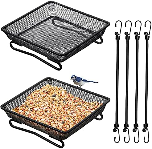 2 Pcs Deck Railing Balcony Bird Feeder Tray with 4 Fixed Elastic Ropes