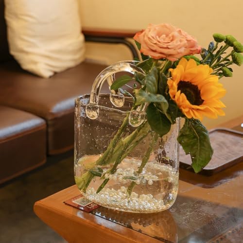 Glass Purse Vase with Handle – 10 Inch Handmade Clear Glass Handbag Vase, Multifunctional Centerpiece for Flowers, Fish Tank, or Home Decor, Table, Bedroom, Kitchen, and Events