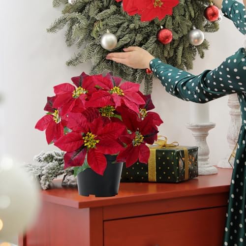 Artificial Poinsettia Plants Fake Christmas Flowers in Pot(Hot Red)