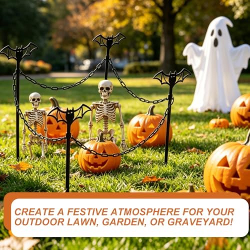 4 Sets Metal Halloween Fence for Outdoor Garden, 23.6in Halloween Graveyard Fences Bat Garden Fence with Connecting Chains Weatherproof Spooky Cemetery Decor for Outdoor Graveyard Pathway Party Scene