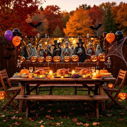 118"x35" Extra Large Happy Halloween Banner Big Spooky Halloween Backdrop for Giant Outdoor Yard Easy Hang with Ropes&Grommets–Perfect for Fence, Porch, Garden, Haunted House Party Signs (Skeleton Army, 118"x35")