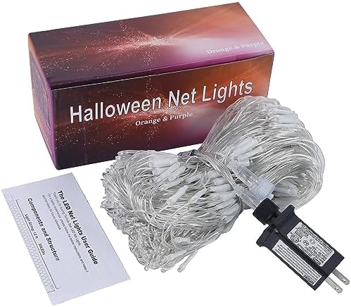 WATERGLIDE Outdoor Halloween Net Lights, 12FT x 5FT 360 LED Fairy String Light with 8 Lighting Modes, Connectable Light Safe Adaptor for Garden Tree Bushes Holiday Party Decorations, Orange & Purple
