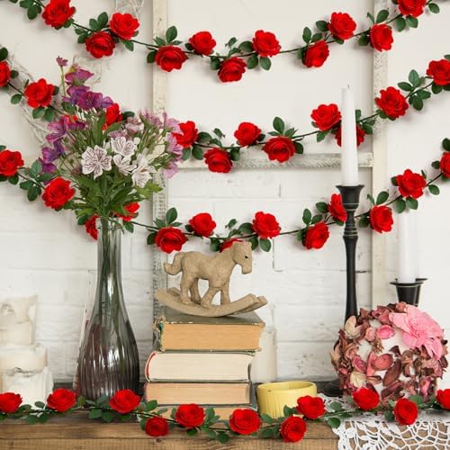 4Pack 31.6FT Red Rose Artificial Flowers Garlands for Wedding Arch Decor