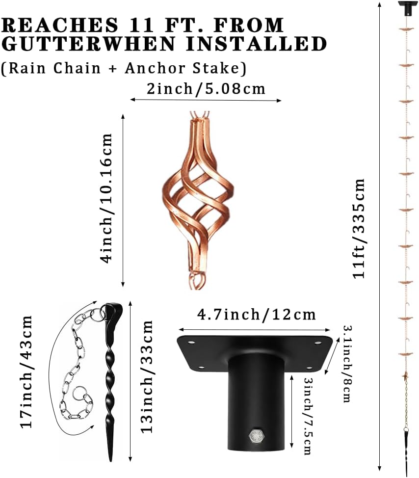 APX Gutter Rain Chains 11 Ft, Decorative Downspout Set with Hook & Anchor. | Cooper 11 Spiral Cups, Heavy Duty &