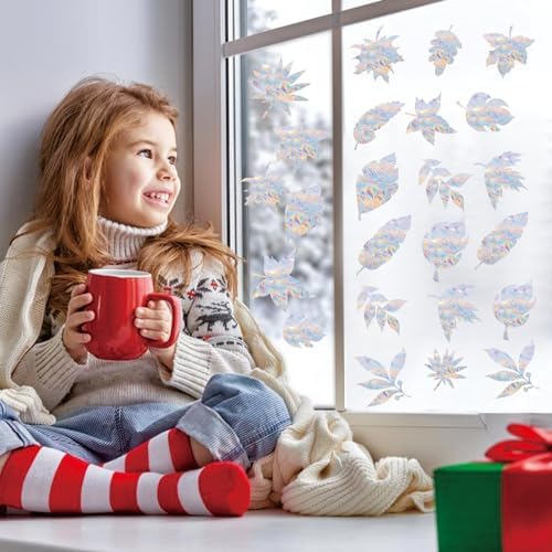 78PCS Leaf Reusable Window Decals Window Clings Anti Collision Window Decals to Save Birds from Window Collisions Non Adhesive Prismatic Vinyl Window Clings Rainbow Stickers