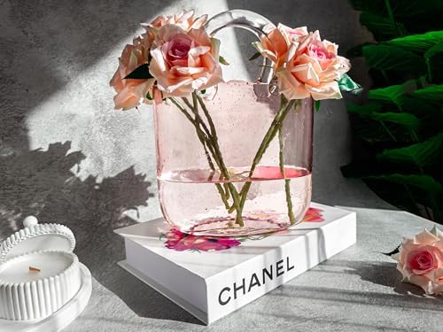 OLEEK Handmade Glass Purse Vase for Flowers and Drinks - 10 in - Cute Pink Centerpiece & Fish Bowl - Unique Handbag Flower Vase - Wide Mouth Decorative