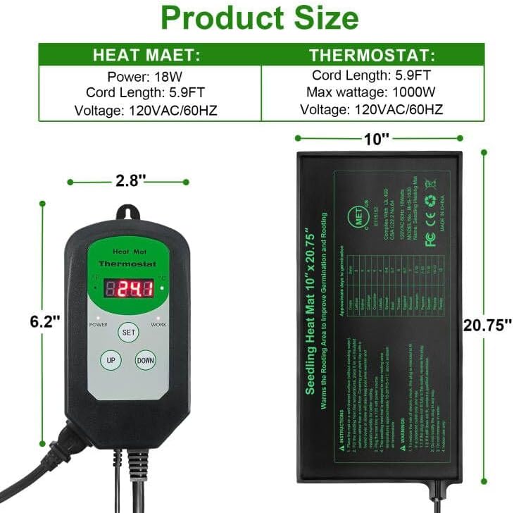 Seedling Heat Mat and Digital Thermostat Combo Set, MET-Certified Plants Heating Mat Warm Hydroponic,Germination