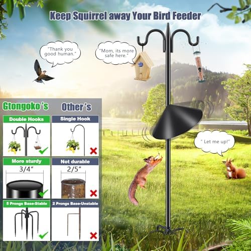 Gtongoko 92 Inch Double Hook Bird Feeder Pole with 19 Inch Squirrel Baffle