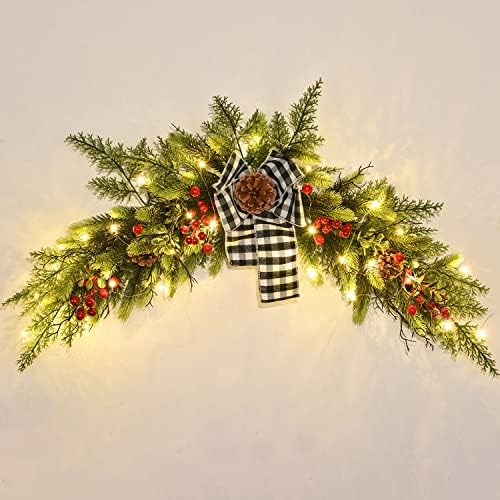 DearHouse 28inch Artificial Christmas Swag,Christmas Wreath with Wintry Pine Collection and 30 LED Lights for Christmas Holiday Home Decor