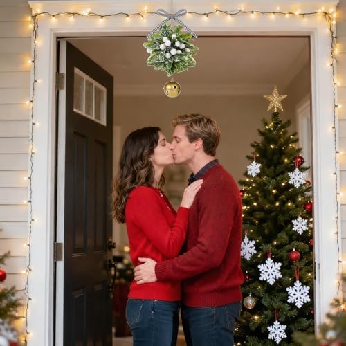 Forwe Mistletoe Christmas Decor Artificial Mistletoe Kissing Ball Ornament with Bell Bow Berries Hanging Christmas Decorations for Doorway Arch Light Fixture Xmas Tree (White)
