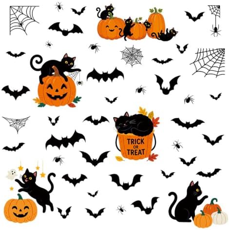 Halloween Black Cat Pumpkin Window Clings, Double Sided Bat Spider Web Stickers for Party