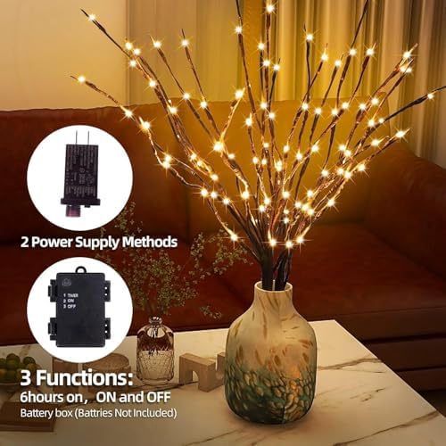 Lighted Willow Branches for Vase Decoration: 3-Pack 36 Inch 96 LED Warm White Twigs, Indoor Home Decor, Wedding Party Centerpiece, Living Room Bedroom Accent Lighting