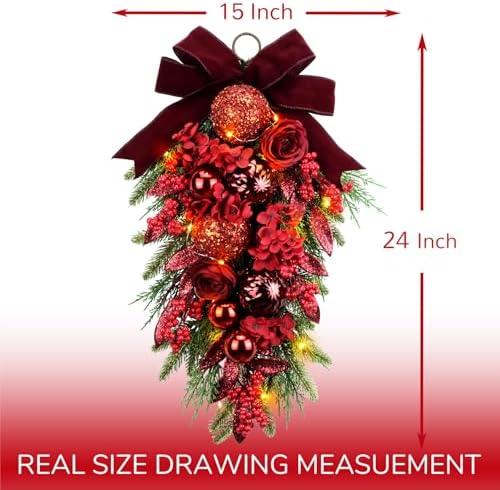 YULETIME 24" Christmas Teardrop Swag, Red Hydrangea Baubles 20 Fairy Lights