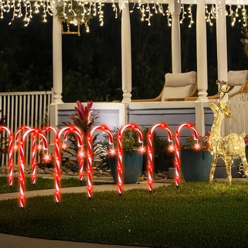 DAMEING 10 Pack 21in Christmas Candy Cane Lights, Pathway Lights Waterproof Christmas Decorations Outdoor 8 Lighting Modes with Buttom Control for Party Patio Landscape Garden Lawn Yard Decor, Red