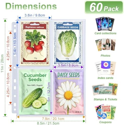 480 Pockets 3.5x5” Seed Packet Sleeves, 60 Pack Double Sided 4 Pocket Seed Organizer Sheet,Heavy Duty Garden Seeds Storage Pages for 3 Ring Binder, 8.5x11” Top Loading Clear Photo, Index Card Sleeves