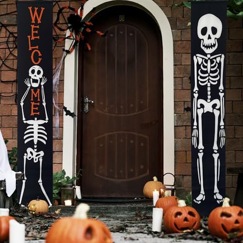 Halloween Porch Banners Skull Skeleton Welcome Front Door Decorations
