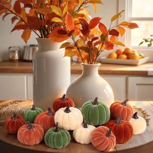 16Pcs Fall Artificial Velvet Pumpkins 3 Sizes Fake Small Foam Pumpkin Decor