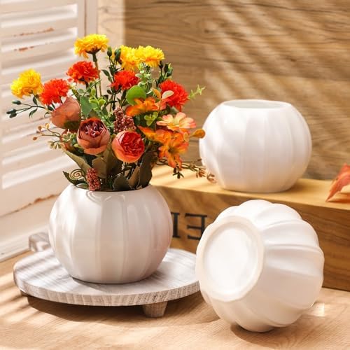 Sieral 3 Pcs Ceramic Pumpkin Vase 5.5" White Pumpkin Table Decor Fall Vase