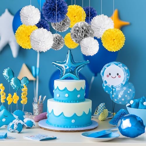 20 PCS Tissue Paper Pom Poms, Tissue Pom Poms Flowers, Sizes of 6", 10", 12", 14" Hanging Paper Flower Ball for Wedding, Birthday, Graduation, Baby Shower Party Decor (Yellow White Silver Blue)