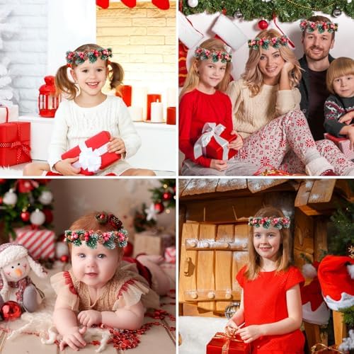 MEMOVAN Christmas Flower Crown Christmas Red Berry Stems Spray Pine Cone Holly Stem Hair Wreath Floral Headpiece Halo Headband Winter Holiday Tiara for Women Girl Xmas Holiday Decoration