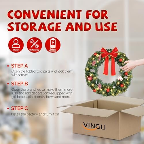VINGLI 24 Inch Christmas Wreath Prelit Front Door Battery LED Decor Green