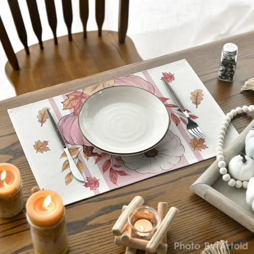 Artoid Mode Pink Pumpkin Maple Leaf Fall Placemats Set of 4-12 x 18 Inch