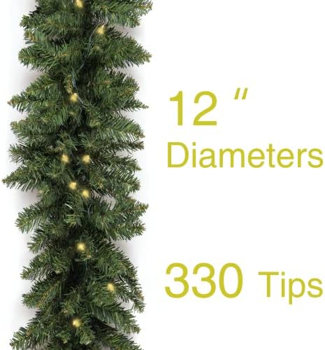 HomeKaren Christmas Garland 9ft with 50 Led, 320 Tips Prelit Fraser Fir Xmas Garland with 50 LED Lights, Lush and Classics Green Style for Indoor Outdoor Home Decoration