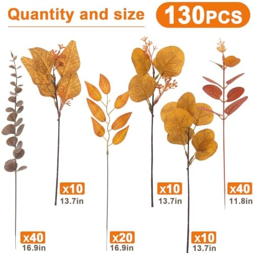lovemoon 130 Pcs Fall Mixed Greenery Artificial Eucalyptus Stems, Orange