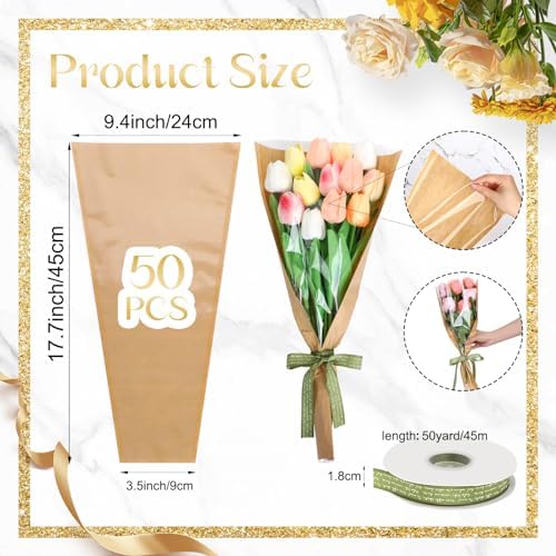 tchrules 50pcs Kraft Brown Flower Bouquet Wrapping Paper with Ribbon