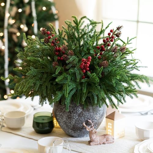 HyeFlora 17 PCS Christmas Norfolk Pine Stems with Small Pinecones and Red Berries Branches,19 Inch Real Touch Artificial DIY Greenery Pine Needles, Faux Cedar Pines Picks for Wreath Garland Xmas Décor