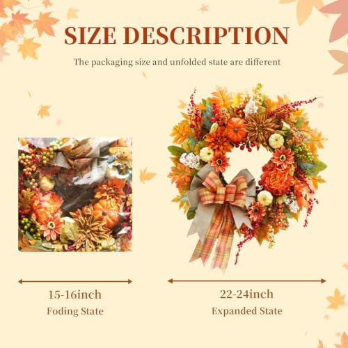 Fall Wreaths for Front Door 24", Fall Door Wreath with Plaid Bow & Dahlias