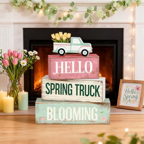 Spring Decoration Wooden Tiered Tray Decor – Tulip Spring Truck Stacked Block Sign with Floral Pickup Topper – Farmhouse Tabletop Spring Decor for Shelf Mantel Seasonal Home Display