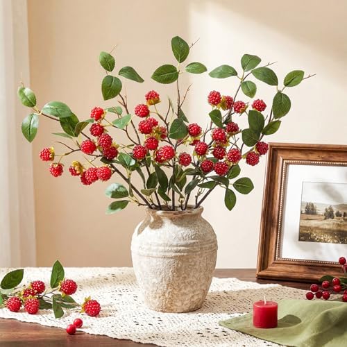 XunYee 6 Pack Light Red Artificial Raspberry Plant Stems 15'' Faux Raspberries Branches Fake Simulated Berry Bouquet Picks for Vase Filler Indoor Home Farmhouse Table Centerpieces Decor