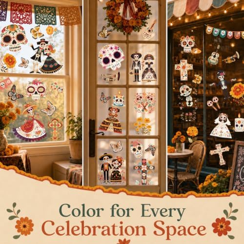 9 Sheets Day of The Dead Window Clings Dia De Los Muertos Decorations Decal