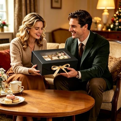 5 Pcs Black Gift Box for Presents with Ribbon 10.8x7.5x3.5 Inches Clear Gift Box with Window Magnetic Closure Gift Boxes with Lids
