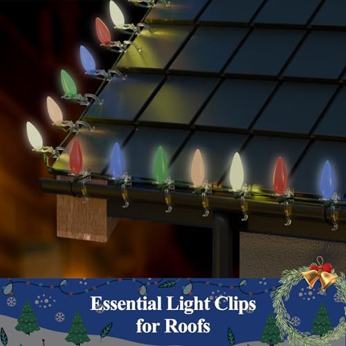 Holiday Light Clips [Set of 200] Christmas Outdoor Light Clips - Mount to Shingles & gutters - Works with Mini, C6, C7, C9, Rope, Icicle Lights - No Tools Required