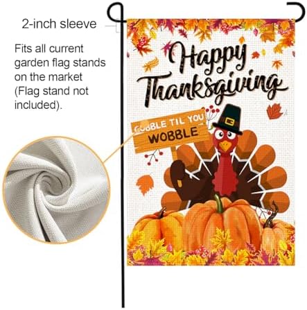 LosFong Happy Thanksgiving Garden Flag 12x18 Inch Double Sided Burlap Autumn Leaves Turkey Harvest Pumpkin Farmhouse Small Fall Thankful Yard Flag for Outside Decoration (Thanksgiving)