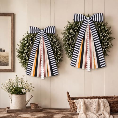 Suncalla 2 Pcs Halloween Black Stripes Ribbon Bow for Wreath Front Door