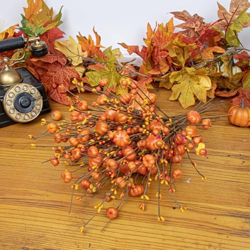 JINGHONG 18 Pack Artificial Pumpkin Picks 17” Tall Orange Berry Stems Fall Pumpkin Branches for Autumn Harvest Festival Thanksgiving Day Decor