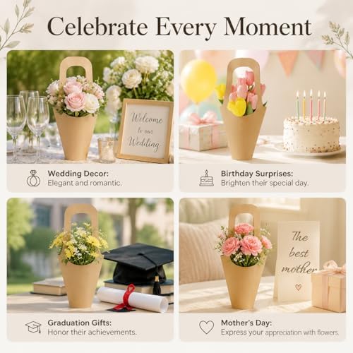 RAINFLOW Flower Paper Bags - 13 PCS Thick Kraft Paper Flower Bouquet Holder