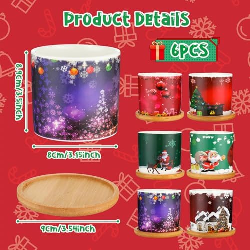 Meanplan 6 Pcs 3.5'' Christmas Ceramic Plant Pots with Drainage Holes and 6 Pcs Bamboo Trays Succulent Planters Cactus Pot for Indoor Outdoor Plants Holiday Christmas Home Office Decor