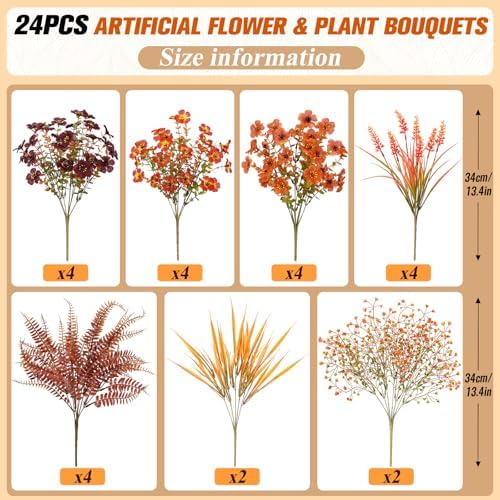 Alupssuc 24Pcs Artificial Fall Flowers for Outdoors Decor, Fake Mums Plants